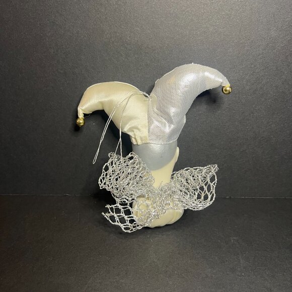Vintage White & Silver Harlequin Jester Pierrot Clown Plastic Head Tree Ornament - Picture 3 of 5